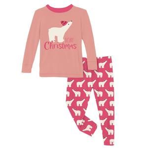 NEW KICKEE kids' long graphic tee sleeve pajama set in winter rose polar bears